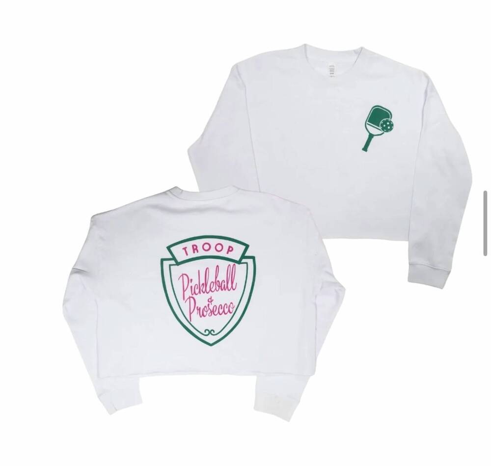 NEW MADLEY women's troop pickleball raw hem cropped sweatshirt in white